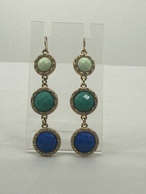 Vintage 3 Tier Multi Cabochon Pave Crystal Halo Drop Earrings Y2K Boho Chic Gold